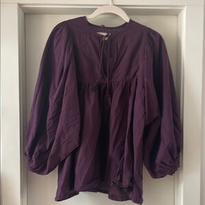 Purple Boxy Blouse with Puff Sleeves and Mandarin Collar